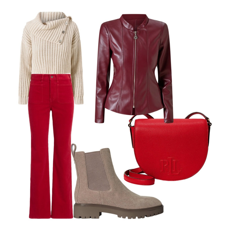 Outfit donna - Tempo libero. Stile Urban per Tutti i giorni. Abbinamento con blazer, maglieria, stivaletti chelsea, borse a tracolla, pantaloni.