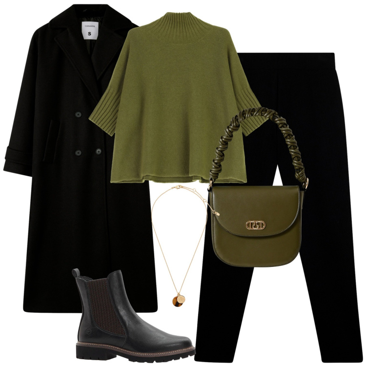 Outfit donna - On the street. Stile Casual chic per Tutti i giorni. Abbinamento con stivaletti chelsea, cappotti, borse a mano, maglieria, pantaloni, collane.