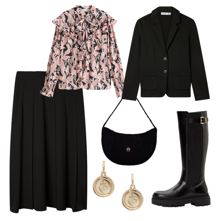 Outfit donna - Outfit grintoso con tocco romantico!. Stile Trendy per Serata fuori. Abbinamento con stivali, camicie, blazer, gonne lunghe, borse a mano, orecchini.