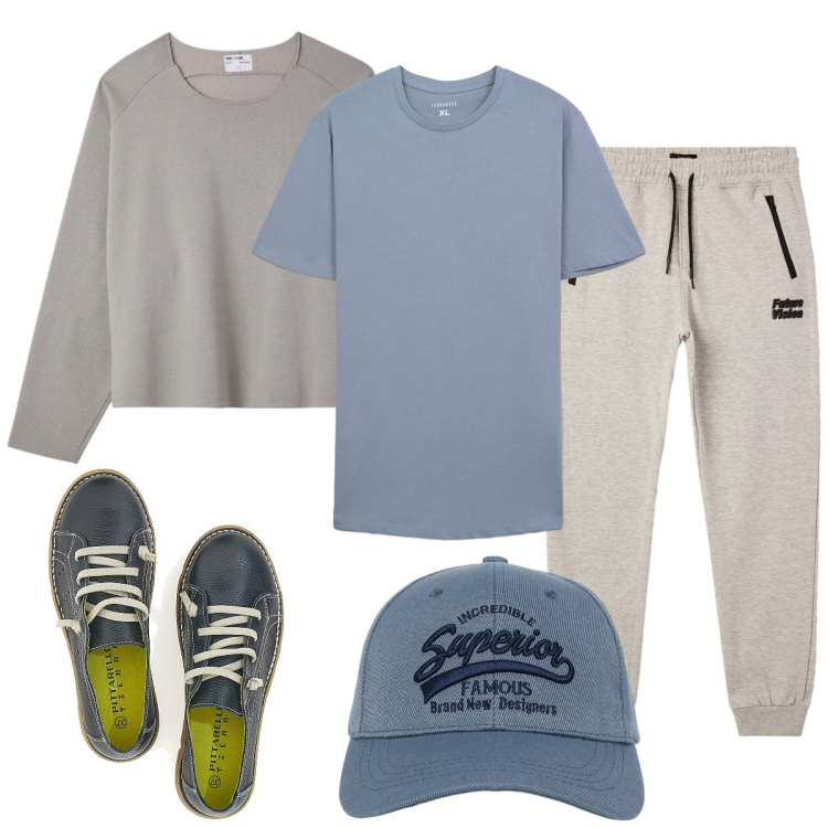 Outfit uomo - Total look #2259618. Stile Urban per Tutti i giorni. Abbinamento con cappelli con visiera, t-shirt, pantaloni, felpe, sneakers.