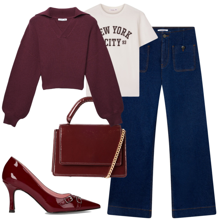 Outfit donna - Ottobre. Stile Casual chic per Tutti i giorni. Abbinamento con jeans, borse a tracolla, maglieria, t-shirt, décolleté.