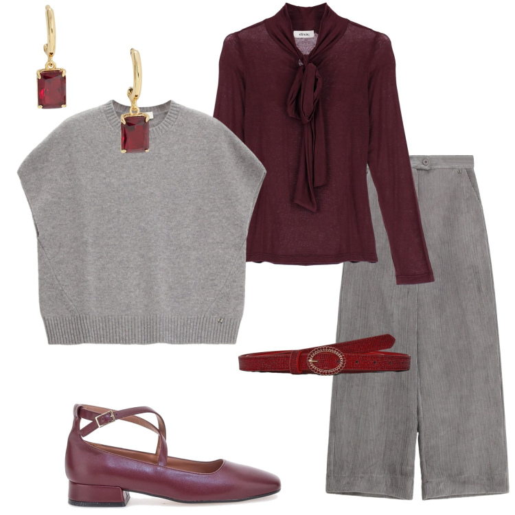Outfit donna - Grigio e bordeaux. Stile Sporty chic per Serata fuori. Abbinamento con cinture, maglieria, pantaloni a palazzo, top, orecchini, ballerine.