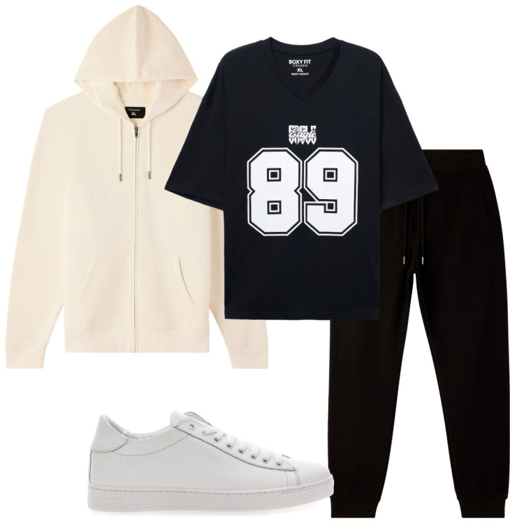 Outfit uomo - Total look #2259623. Stile Urban per Tutti i giorni. Abbinamento con felpe con cappuccio, pantaloni, t-shirt, sneakers.