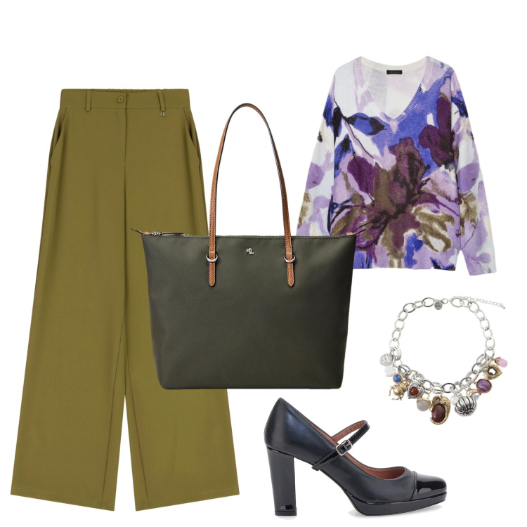 Outfit donna - Shopping con le amiche. Stile Casual chic per Tutti i giorni. Abbinamento con pantaloni a palazzo, braccialetti con ciondoli, borse tote, décolleté, maglieria.