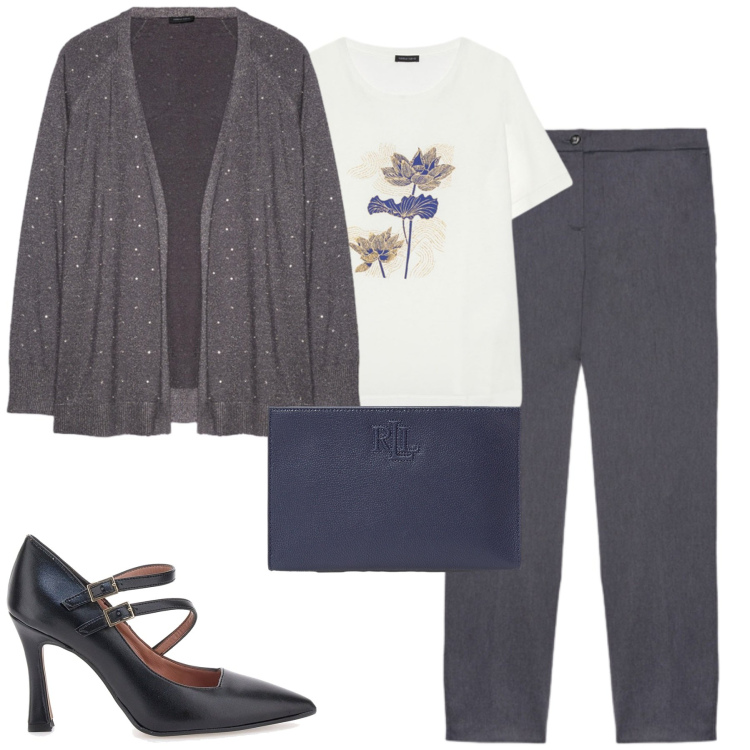 Outfit donna - Fiorella Rubino. Stile Urban per Tutti i giorni. Abbinamento con pochette, décolleté, t-shirt, pantaloni, cardigans.