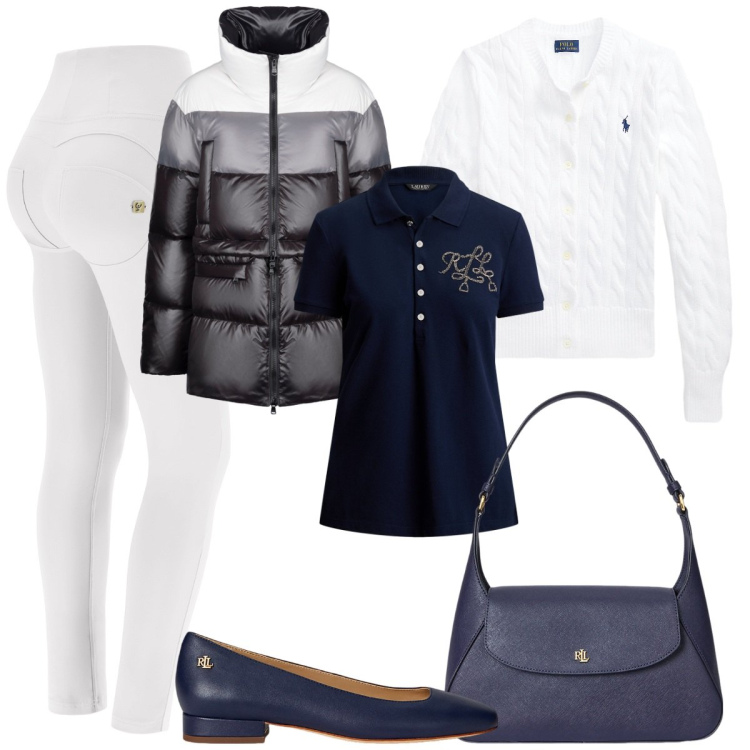 Outfit donna - Bianco/blu. Stile Casual chic per Ufficio. Abbinamento con piumini, pantaloni skinny, ballerine, borse a spalla, cardigans, polo.