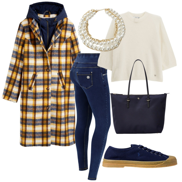 Outfit donna - Total look #2259627. Stile Trendy per Tutti i giorni. Abbinamento con cappotti, pullovers, jeans skinny, collane, borse tote, sneakers.
