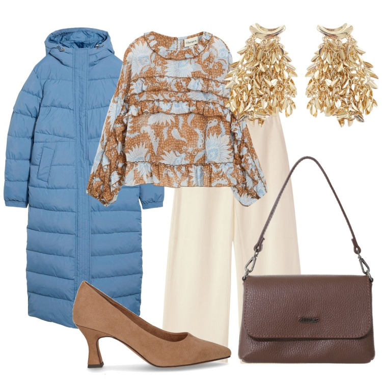 Outfit donna - Il piumino lungo. Stile Basic per Ufficio. Abbinamento con bluse, cappotti, pantaloni, borse a tracolla, orecchini, décolleté.