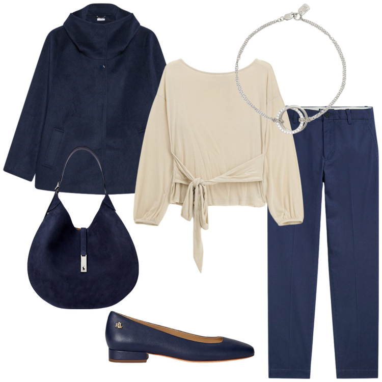 Outfit donna - Total look #2259630. Stile Minimal per Tutti i giorni. Abbinamento con top, pantaloni chino, borse a spalla, braccialetti, ballerine, caban.