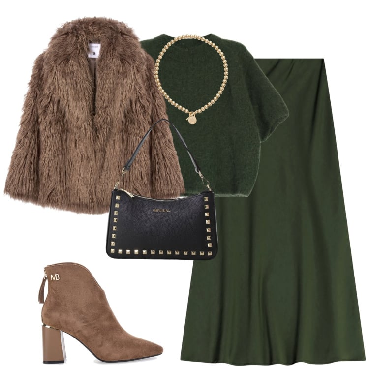 Outfit donna - Green forest. Stile Chic per Tutti i giorni. Abbinamento con ecopellicce, gonne lunghe, maglieria, pochette, collane, stivaletti.