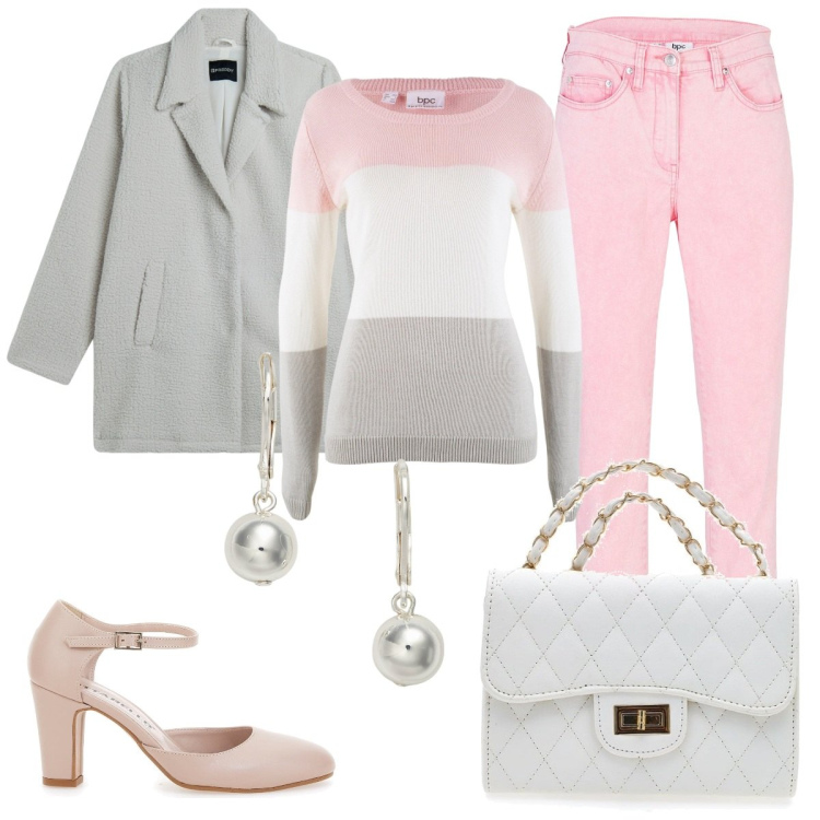 Outfit donna - Jeans rosa. Stile Casual chic per Tutti i giorni. Abbinamento con maglieria, pantaloni, cappotti, orecchini, décolleté, borse a tracolla.