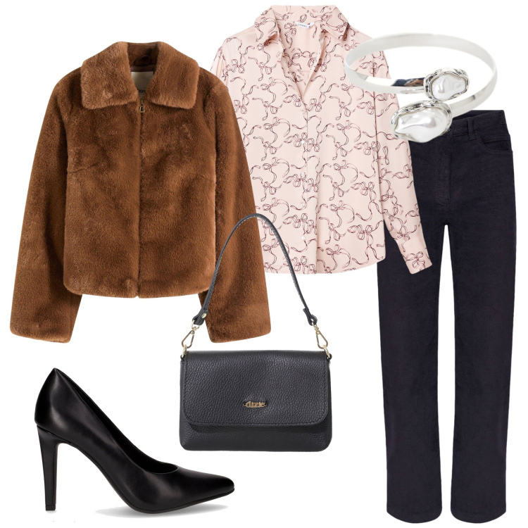 Outfit donna - Total look #2259635. Stile Minimal per Serata fuori. Abbinamento con ecopellicce, camicie, borse a tracolla, braccialetti, pantaloni, décolleté.