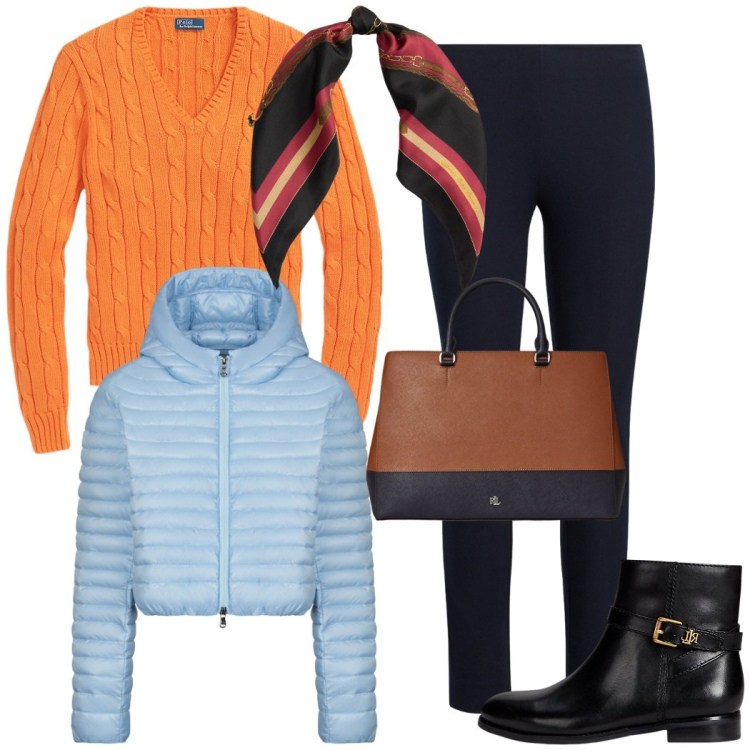 Outfit donna - Total look #2259648. Stile Casual chic per Tutti i giorni. Abbinamento con piumini, stivaletti, borse a mano, pantaloni skinny, maglieria, foulard.