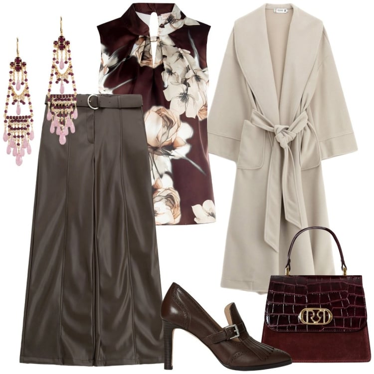 Outfit donna - Outfit elegante. Stile Chic per Serata fuori. Abbinamento con cappotti, top, borse a mano, pantaloni, décolleté, orecchini.