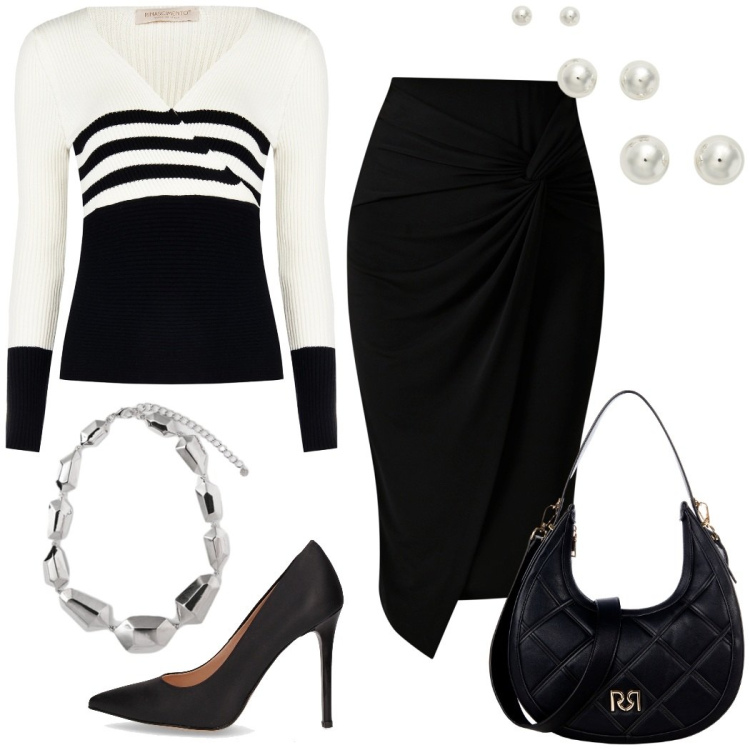 Outfit donna - Black and White. Stile Chic per Serata fuori. Abbinamento con gonne, borse a tracolla, maglieria, orecchini, décolleté, ciondoli.
