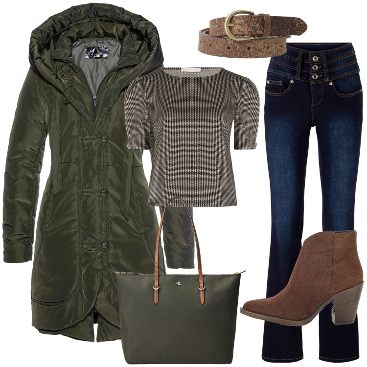Outfit donna - Un parka avvolgente. Stile Casual chic per Tutti i giorni. Abbinamento con blazer, jeans bootcut, cinture, bluse, borse tote, stivaletti.