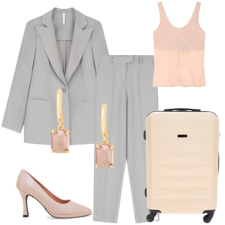 Outfit donna - I viaggi d\'affari. Stile Romantica per Ufficio. Abbinamento con pantaloni, blazer, top, orecchini, décolleté, valigie.