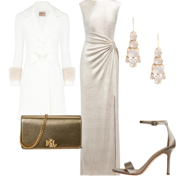 Outfit donna - Una cenetta d\'amore. Stile Glamour per Serata fuori. Abbinamento con cappotti, vestiti, sandali col tacco, orecchini, borse a mano.