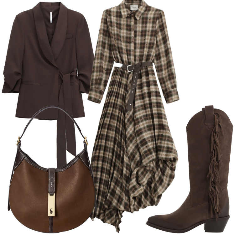 Outfit donna - Aria di saloon. Stile Boho per Tutti i giorni. Abbinamento con blazer, vestiti lunghi, stivali, borse a spalla.