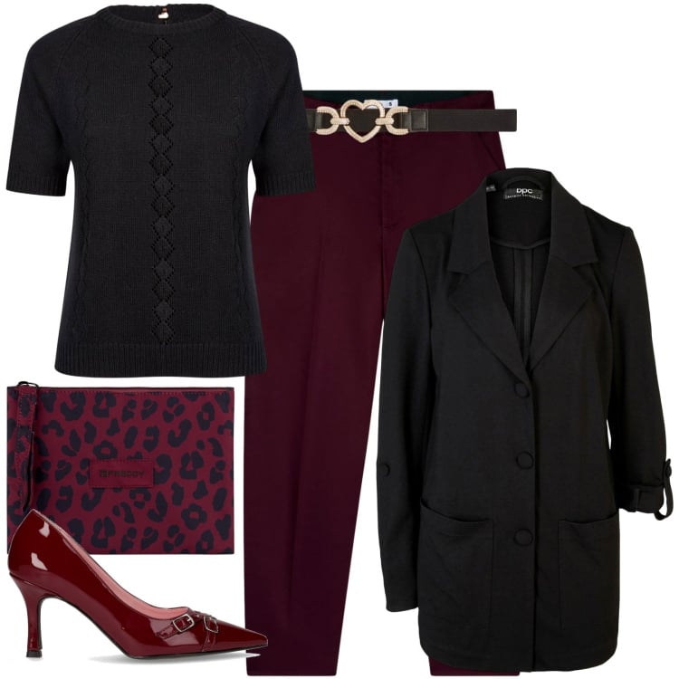 Outfit donna - Maglia lavorazione crochet. Stile Casual chic per Ufficio. Abbinamento con blazer, cinture, pantaloni chino, clutch, maglieria, décolleté.