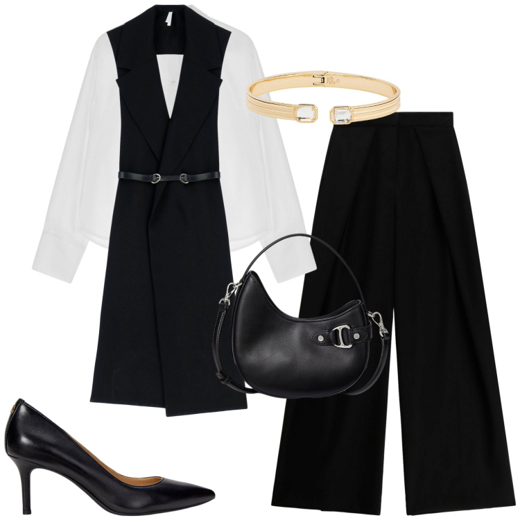 Outfit donna - Il gilet lungo. Stile Trendy per Tutti i giorni. Abbinamento con gilet, camicie, pantaloni a palazzo, braccialetti, décolleté, borse a tracolla.