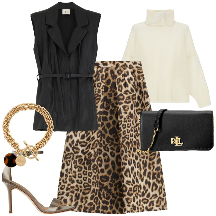 Outfit donna - La gonna animalier. Stile Glamour per Serata fuori. Abbinamento con maglieria, gonne lunghe, gilet, borse a mano, braccialetti con ciondoli, sandali col tacco.