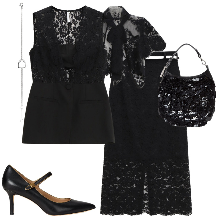 Outfit donna - Total look #2259670. Stile Glamour per Serata fuori. Abbinamento con gonne lunghe, top, gilet, braccialetti, décolleté, pochette.