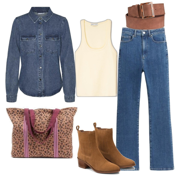 Outfit mujer - Étnico #1353. Estilo Étnico para Todos los días. Combinación con cinturones, camisas, botines, vaqueros bootcut, bolso tote, camisetas sin mangas.
