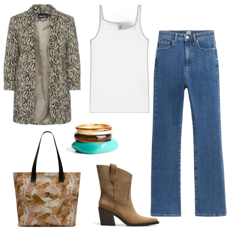 Outfit mujer - Casual chic #16485. Estilo Casual chic para Oficina. Combinación con blazers, vaqueros bootcut, botas cowboy, bolso tote, pulseras, camisetas sin mangas.