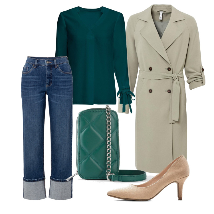 Outfit femme - Octobre. Style Casual chic pour Tous les jours. Assortir avec tuniques, imperméable, jeans, sacs en bandoulière, chaussures à talon.