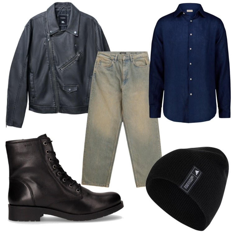 Outfit uomo - La giacca in pelle insieme ai jeans. Stile Biker Rock per Tutti i giorni. Abbinamento con giacche, jeans, berretti, camicie, stivali e stivaletti.