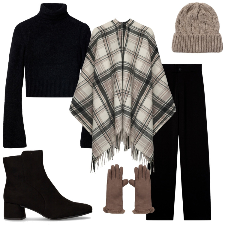 Outfit donna - Glamour autunnale. Stile Glamour per Tutti i giorni. Abbinamento con cappotti, pantaloni, maglieria, berretti, guanti, stivaletti.