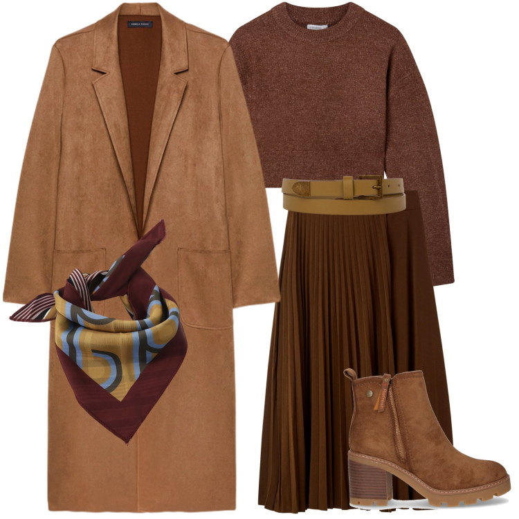 Outfit donna - Mocha mousse. Stile Casual chic per Tutti i giorni. Abbinamento con gonne lunghe, maglieria, foulard, stivaletti, cinture, trench.