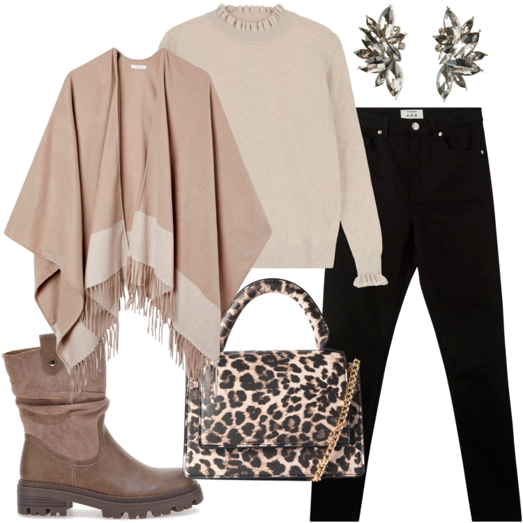 Outfit donna - Poncho per tutte le occasioni. Stile Casual per Tutti i giorni. Abbinamento con orecchini, pantaloni skinny, borse a tracolla, cappe, maglieria, stivaletti.