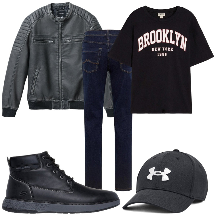 Outfit uomo - La giacca da biker tutti i giorni. Stile Biker Rock per Tutti i giorni. Abbinamento con t-shirt, jeans dritti, giacche, stivali e stivaletti, cappelli.