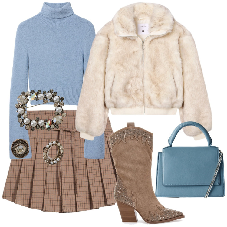 Outfit donna - Celeste che passione. Stile Casual chic per Tutti i giorni. Abbinamento con gonne, ecopellicce, maglieria, borse a tracolla, cappotti, stivali.