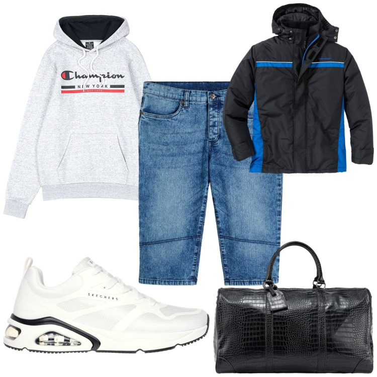 Outfit uomo - Total look #2259726. Stile Trendy per Tutti i giorni. Abbinamento con giacche, bermuda, sneakers, felpe con cappuccio, borse sportive.