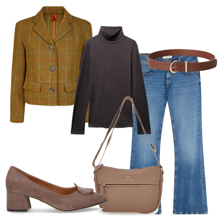 Outfit donna - Buongiorno. Stile Basic per Ufficio. Abbinamento con jeans a zampa, cinture, t-shirt, borse a tracolla, blazer, décolleté.