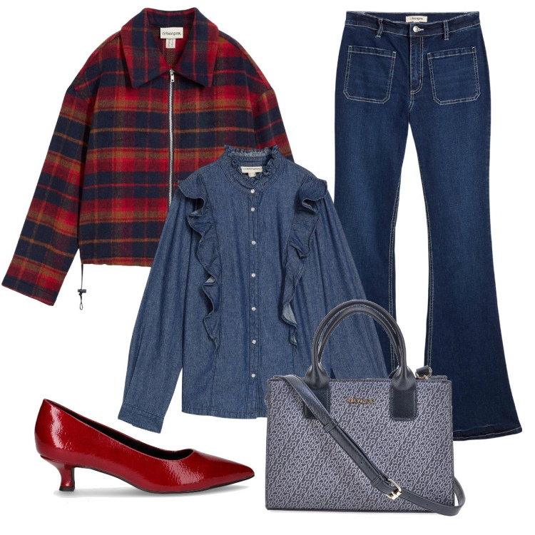 Outfit donna - La giacchina scozzese. Stile Bon Ton per Ufficio. Abbinamento con jeans bootcut, blazer, camicie, borse a tracolla, décolleté.