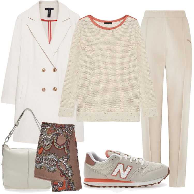 Outfit donna - Inizio settimana. Stile Casual per Ufficio. Abbinamento con pantaloni, cappotti, foulard, maglieria, sneakers, borse a spalla.