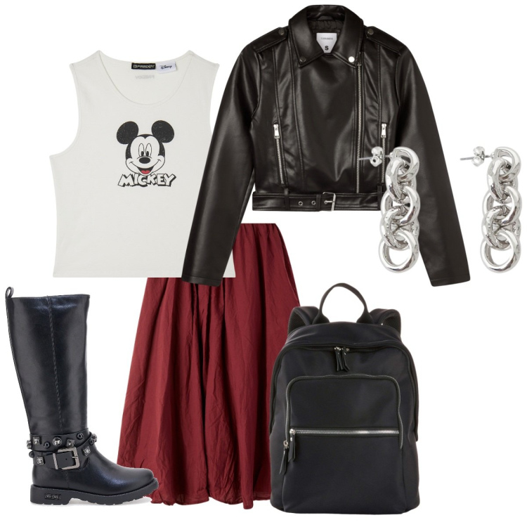 Outfit donna - fuori dagli schemi. Stile Rock per Serata fuori. Abbinamento con zaini, giacche, gonne lunghe, canottiere, orecchini, stivali sopra il ginocchio.