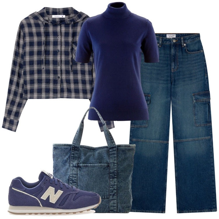 Outfit donna - Toni di blu. Stile Casual chic per Ufficio. Abbinamento con maglieria, shopping bag, jeans, camicie, sneakers.