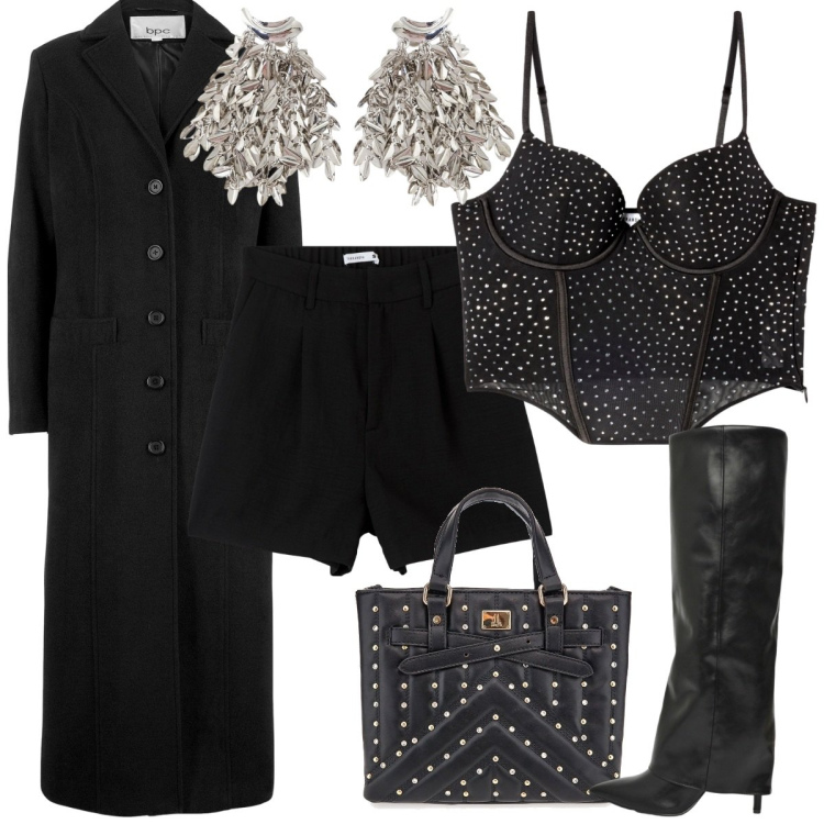 Outfit donna - Discoteca d\'inverno. Stile Rock per Serata fuori. Abbinamento con cappotti, bermuda, stivali, top, orecchini, borse a mano.