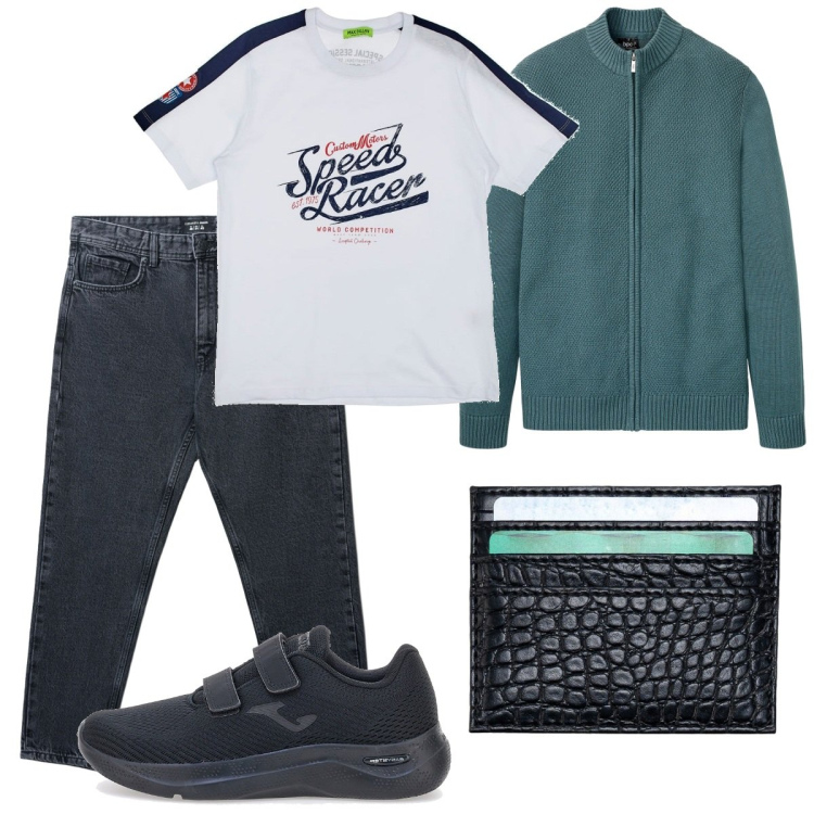 Outfit uomo - Total look #2259750. Stile Casual per Tutti i giorni. Abbinamento con cardigans, jeans strappati, t-shirt, portafogli, sneakers.