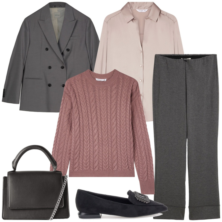 Outfit donna - Total look #2259752. Stile Casual per Ufficio. Abbinamento con pantaloni, camicie, maglieria, borse a tracolla, mocassini, blazer.