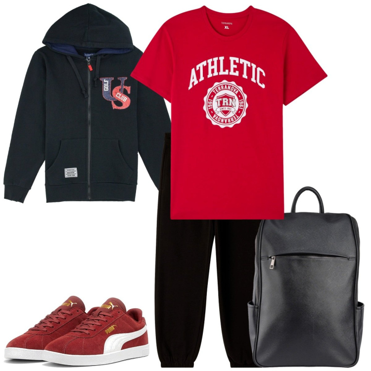 Outfit uomo - Total look #2259753. Stile Urban per Tutti i giorni. Abbinamento con t-shirt, pantaloni, felpe con cappuccio, sneakers, borse sportive.