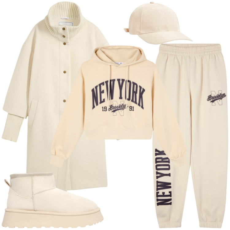 Outfit donna - Total look bije. Stile Sporty chic per Tutti i giorni. Abbinamento con cappotti, pantaloni sportivi, stivaletti, cappelli, felpe con cappuccio.