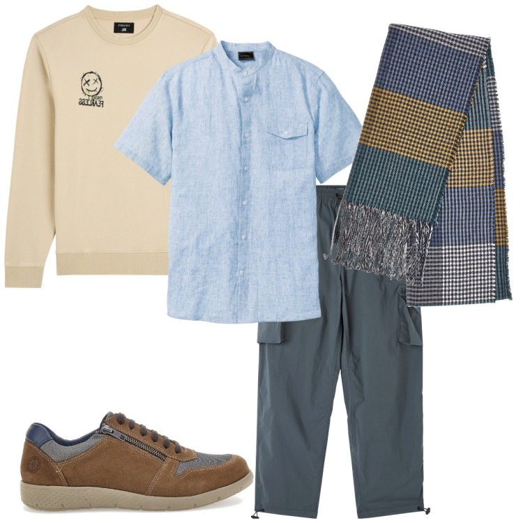 Outfit uomo - Total look #2259757. Stile Urban per Tutti i giorni. Abbinamento con camicie a manica corta, felpe, pantaloni cargo, sciarpe, scarpe stringate.