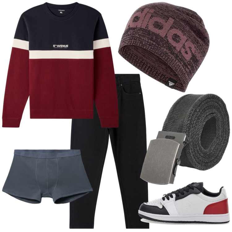Outfit uomo - Total look #2259759. Stile Casual per Tutti i giorni. Abbinamento con cinture, boxer, felpe, pantaloni, berretti, sneakers.