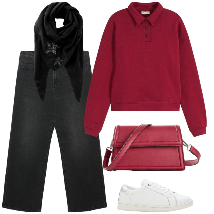 Outfit donna - Rosso e nero. Stile Basic per Tutti i giorni. Abbinamento con sneakers, foulard, borse a tracolla, felpe, jeans.